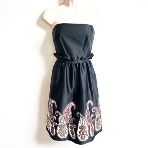 Kensie satin strapless ruffle dress black paisley floral medium